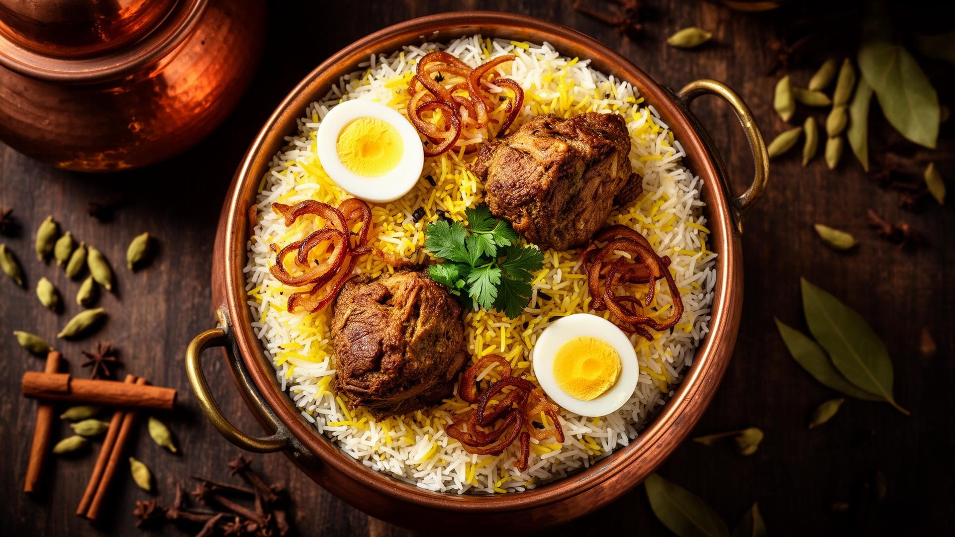 Authentic Kacchi Biryani served in a traditional copper handi